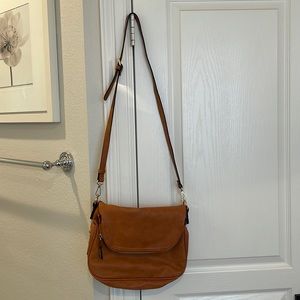 Camel colored leather crossbody purse
